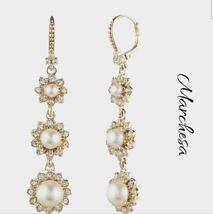 NWT Marchesa Triple Pearl Statement Crystal Linear Earrings